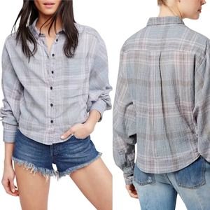 Free People Cutie Plaid Button Down Shirt Blue/Pink #796